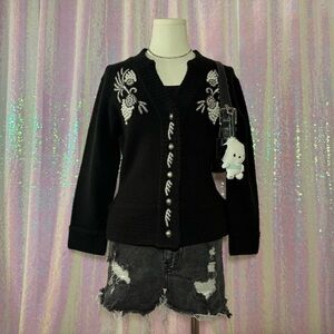 black and white floral beaded knit cardigan